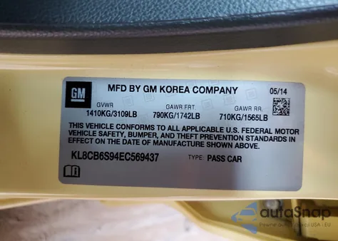 2014 Chevrolet Spark Ls z USA, uszkodzony, nr VIN KL8CB6S94EC569437